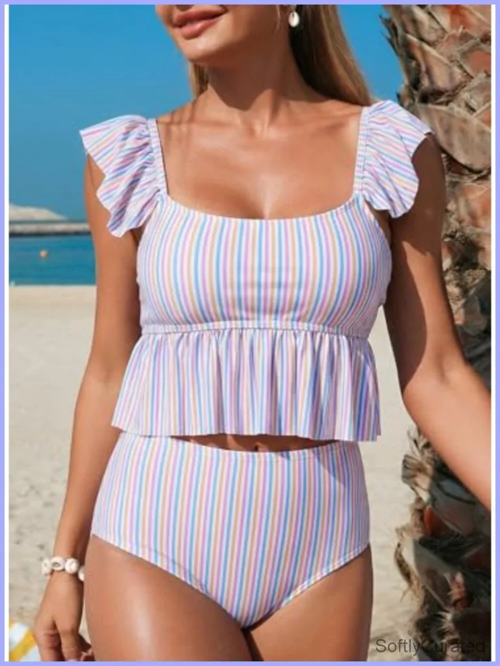 Two Piece Tankini Swimsuits Square Neck Ruffle Cap Sleeve Bathing Suit